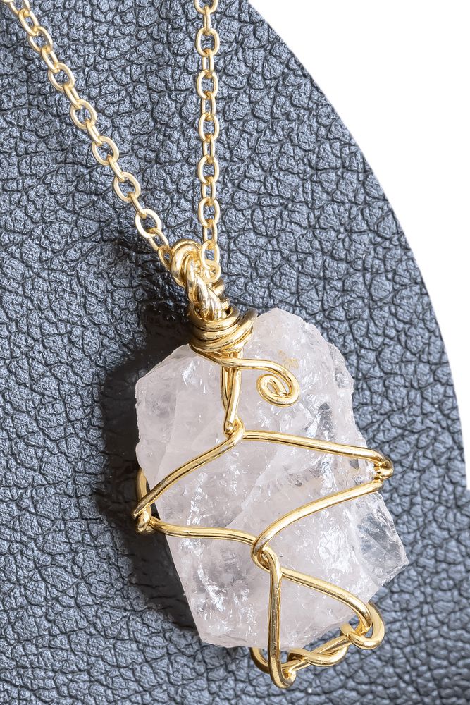 Sertifikalı Gold Ham İşlenmemiş Kristal Kuvars Taşı Kolye - Tel Sargılı