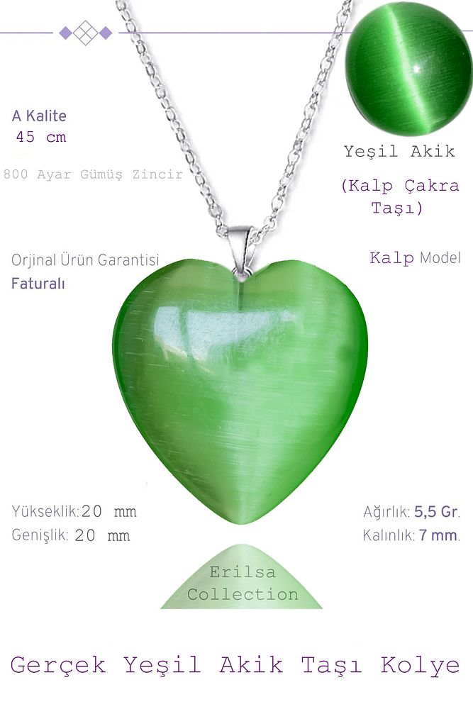 Sertifikalı Kalp Model Yeşil Akik Taşı Kolye (Gümüş Aparatlı)