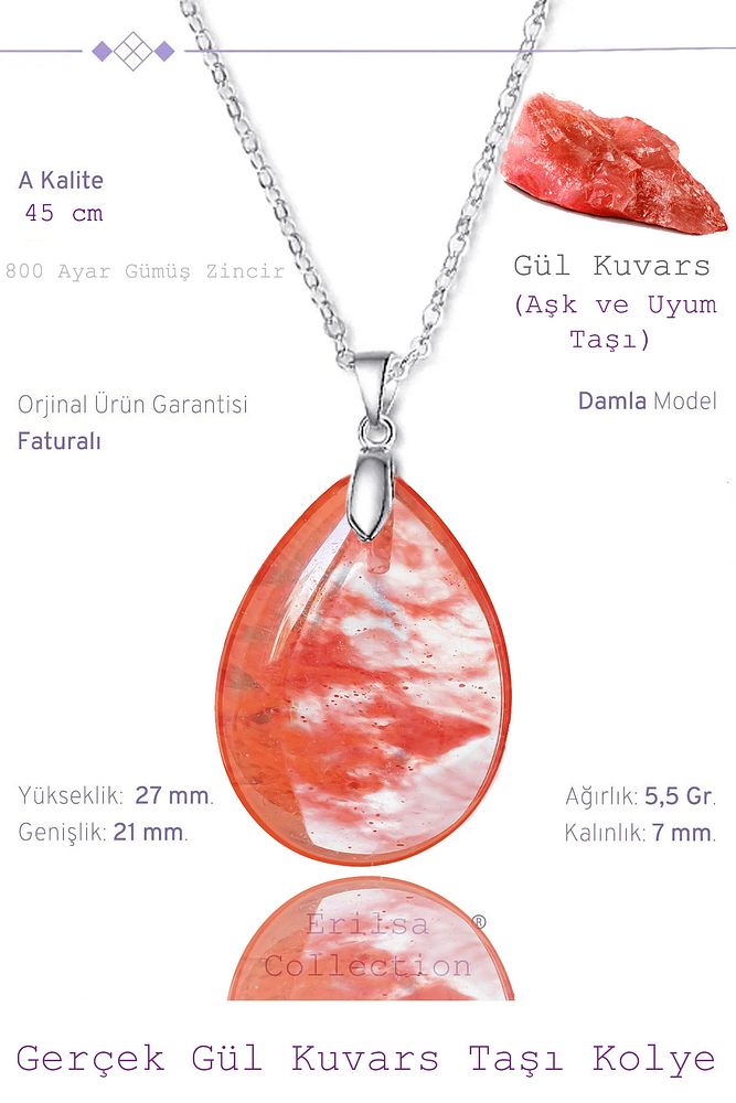 Sertifikalı Damla Model Gül Kuvars Taşı Kolye (Gümüş Aparatlı)