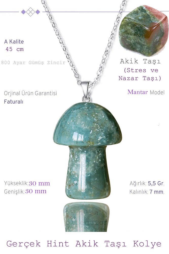 Sertifikalı Mantar Model Hint Akik Taşı Kolye (Gümüş Aparatlı)