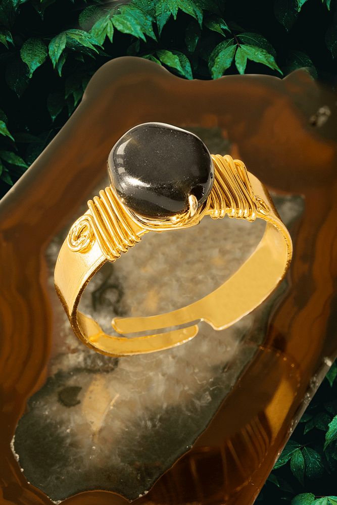 Sertifikalı Kalın Tımbıl Gold Model Siyah Obsidyen Taşı Yüzük - Ayarlamalı