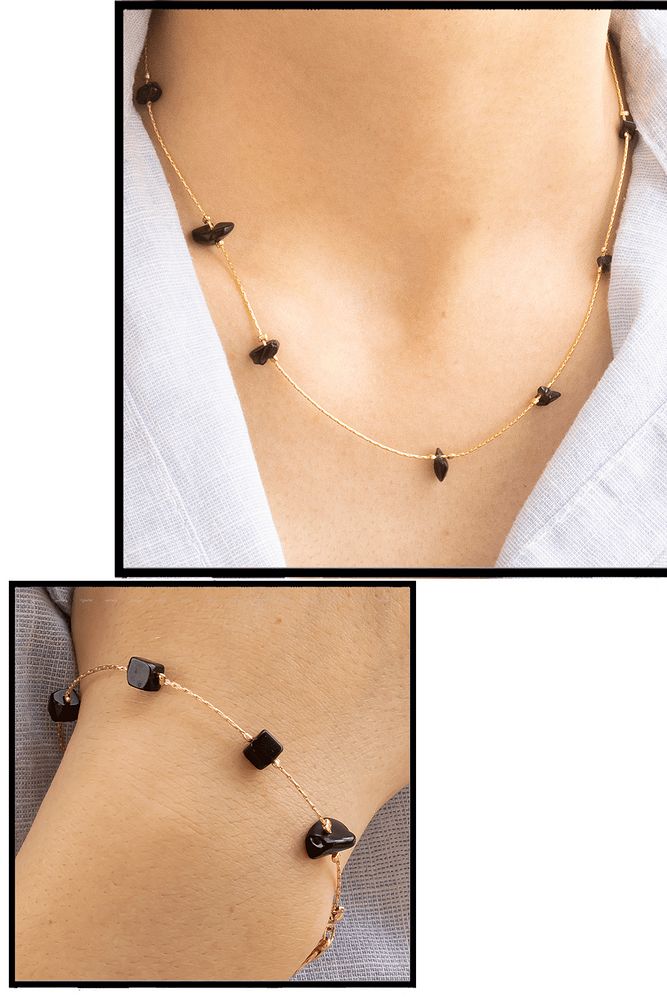 Sertifikalı Gerçek Obsidyen Taşlı Doğal Taş Kolye Bileklik Seti