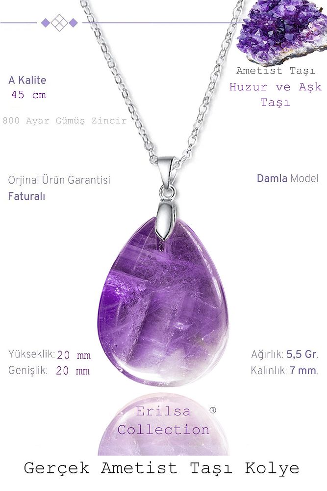 Sertifikalı Damla Model Ametist Taşı Kolye - 20mm (Gümüş Aparatlı)