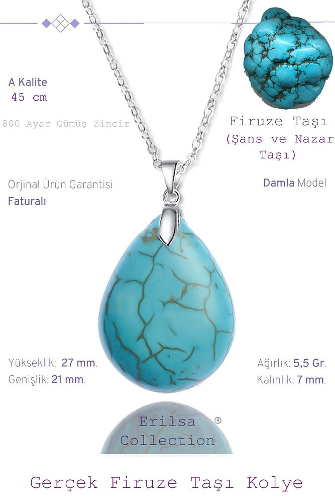 Sertifikalı Damla Model Firuze Turkuaz Taşı Kolye (Gümüş Aparatlı)