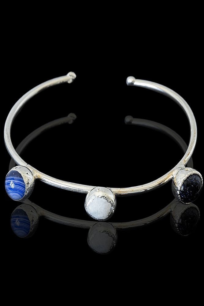 Sertifikalı Gümüş Renk Kelepçe Model Bileklik - (GERÇEK İNCİ - MAVİ AKİK - LACİVERT YILDIZ TAŞI)