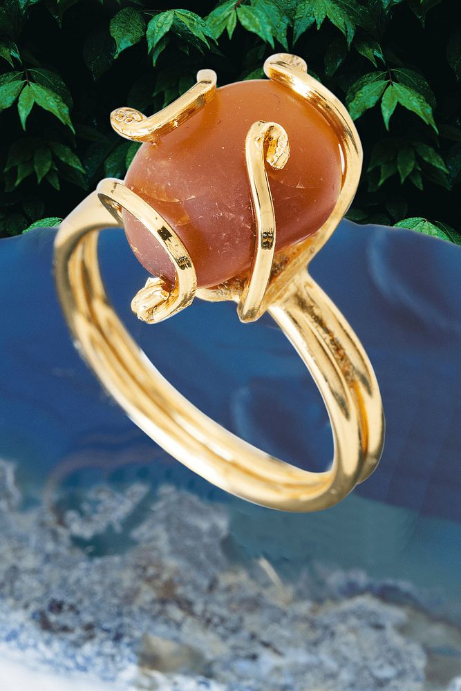 Sertifikalı Gold Rokoko Model Ham İşlenmemiş Turuncu Yemen Akik Taşı Yüzük - Ayarlamalı