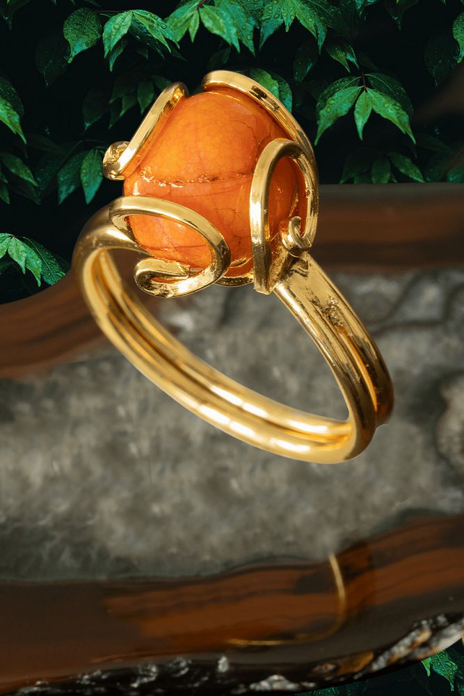 Sertifikalı Rokoko Model Altın Kaplama Turuncu Akik Taşı Yüzük - Ayarlamalı