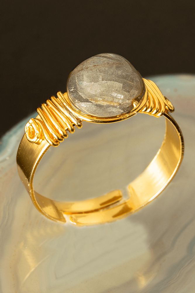 Sertifikalı Kalın Tımbıl Model Labradorit Taşı Yüzük - Ayarlamalı