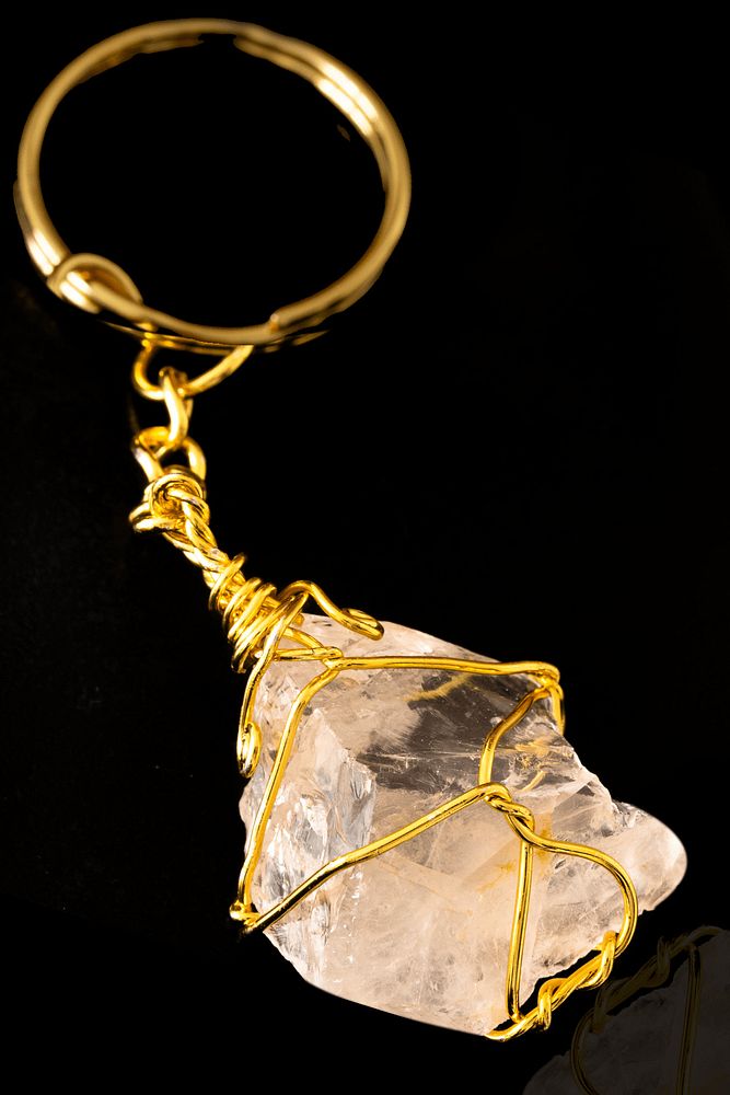 Sertifikalı Tel Sargılı Ham Kristal Kuvars Taşı Anahtarlık - Altın Kaplama