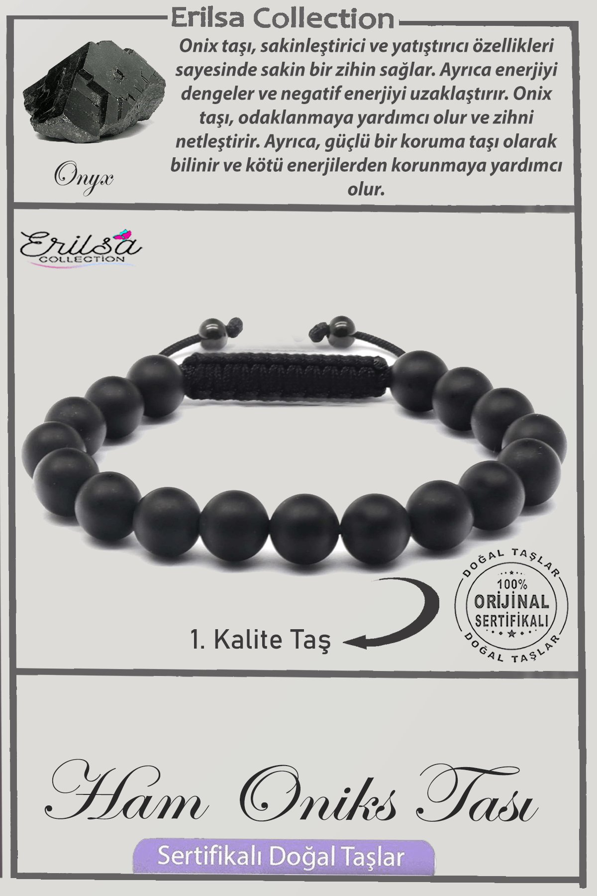 Sertifikalı Ham İşlenmemiş AAA+ Kalite Gerçek Oniks Taşı Bileklik