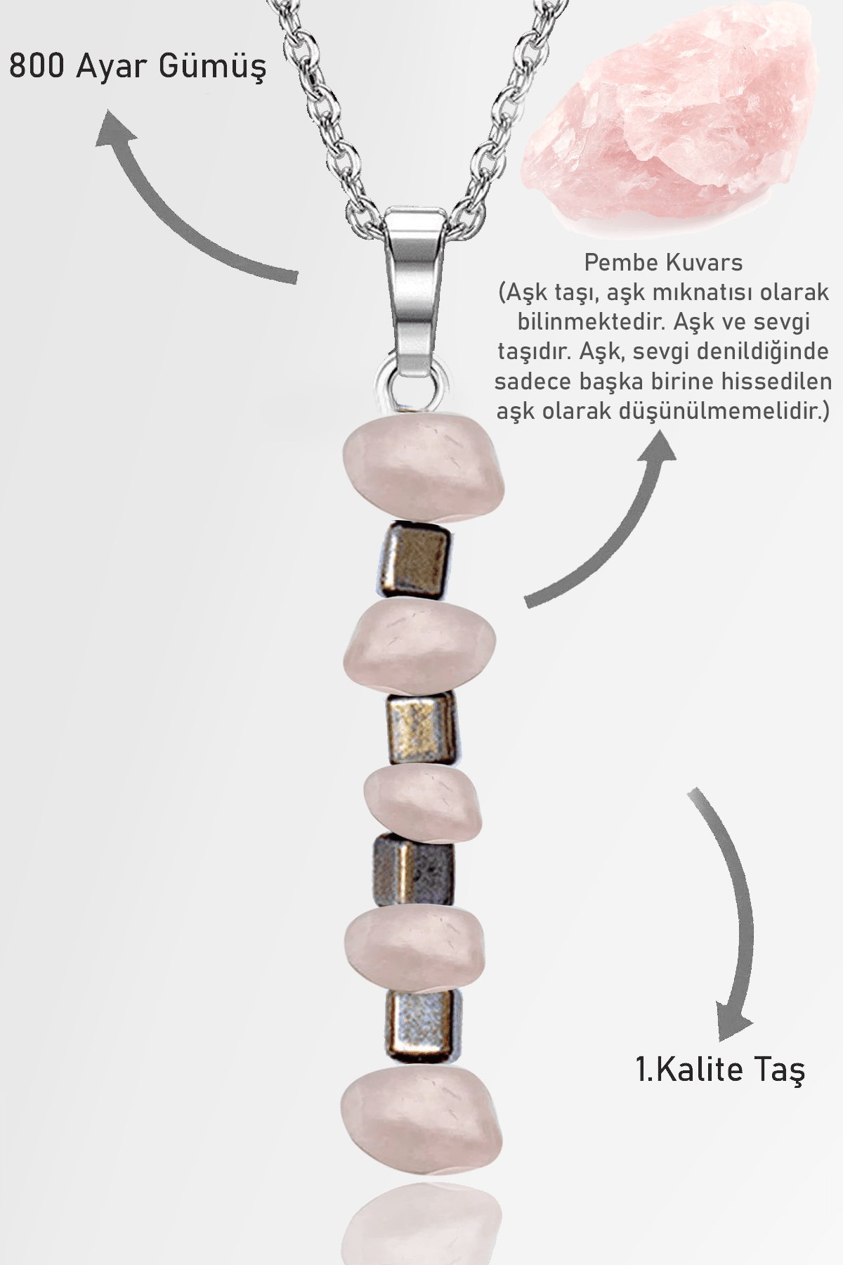 Sertifikalı AAA+ Kırık Taşlı Model Pembe Kuvars Taşı Kolye - Açık Renkli