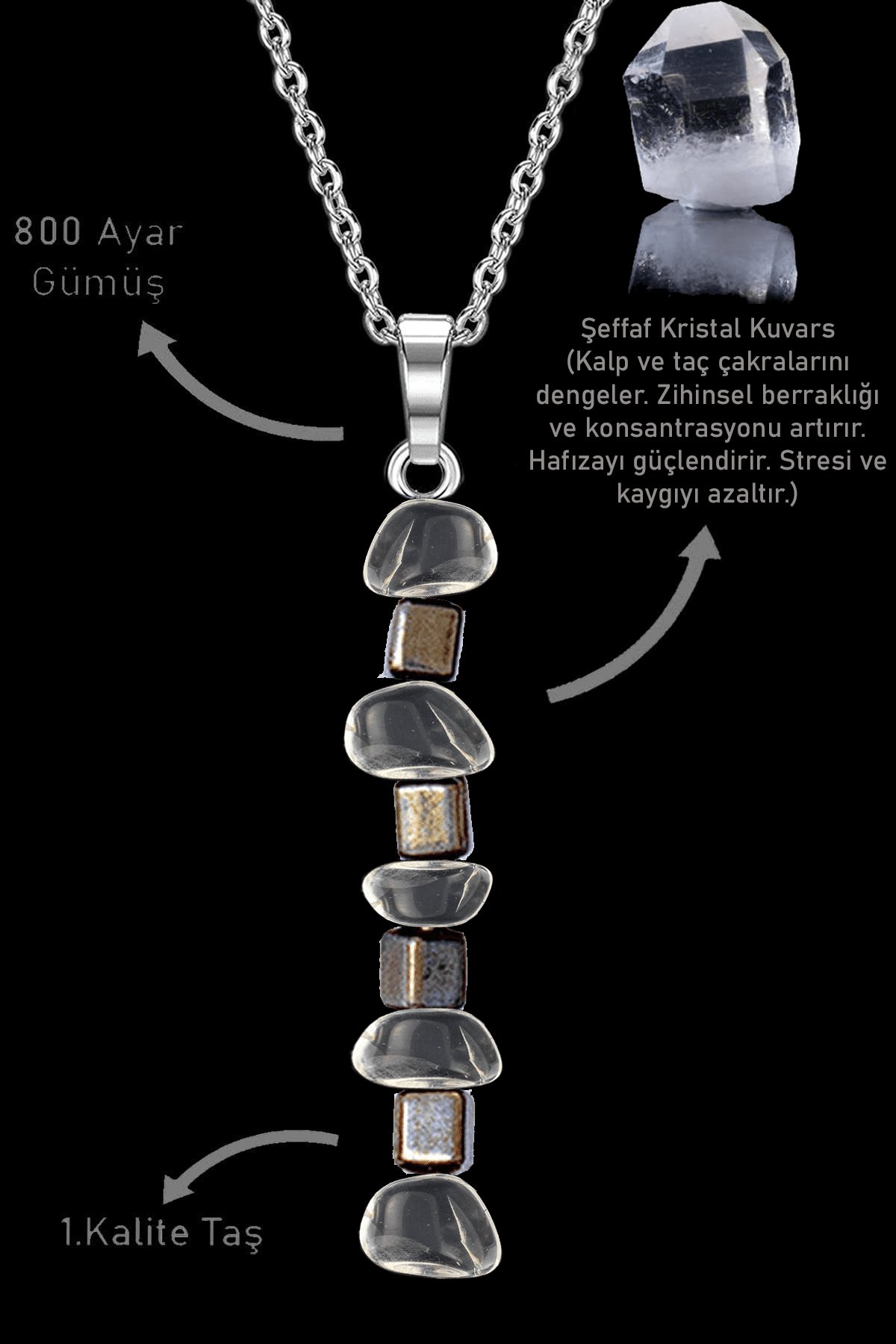 Sertifikalı AAA+Kırık Taşlı Model Şeffaf Kristal Kuvars Taşı Kolye