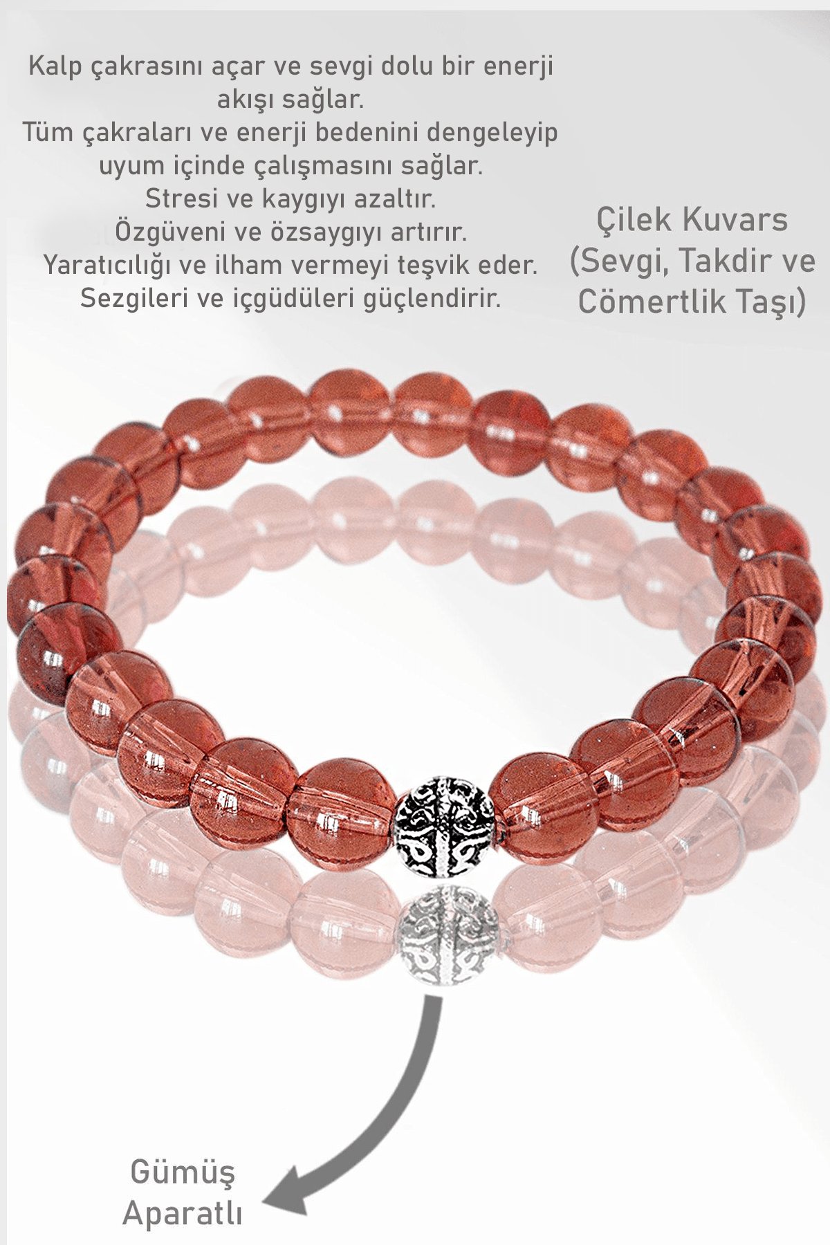 Sertifikalı AAA+ Çilek Kuvars Taşı Bileklik - Gümüş Aparatlı