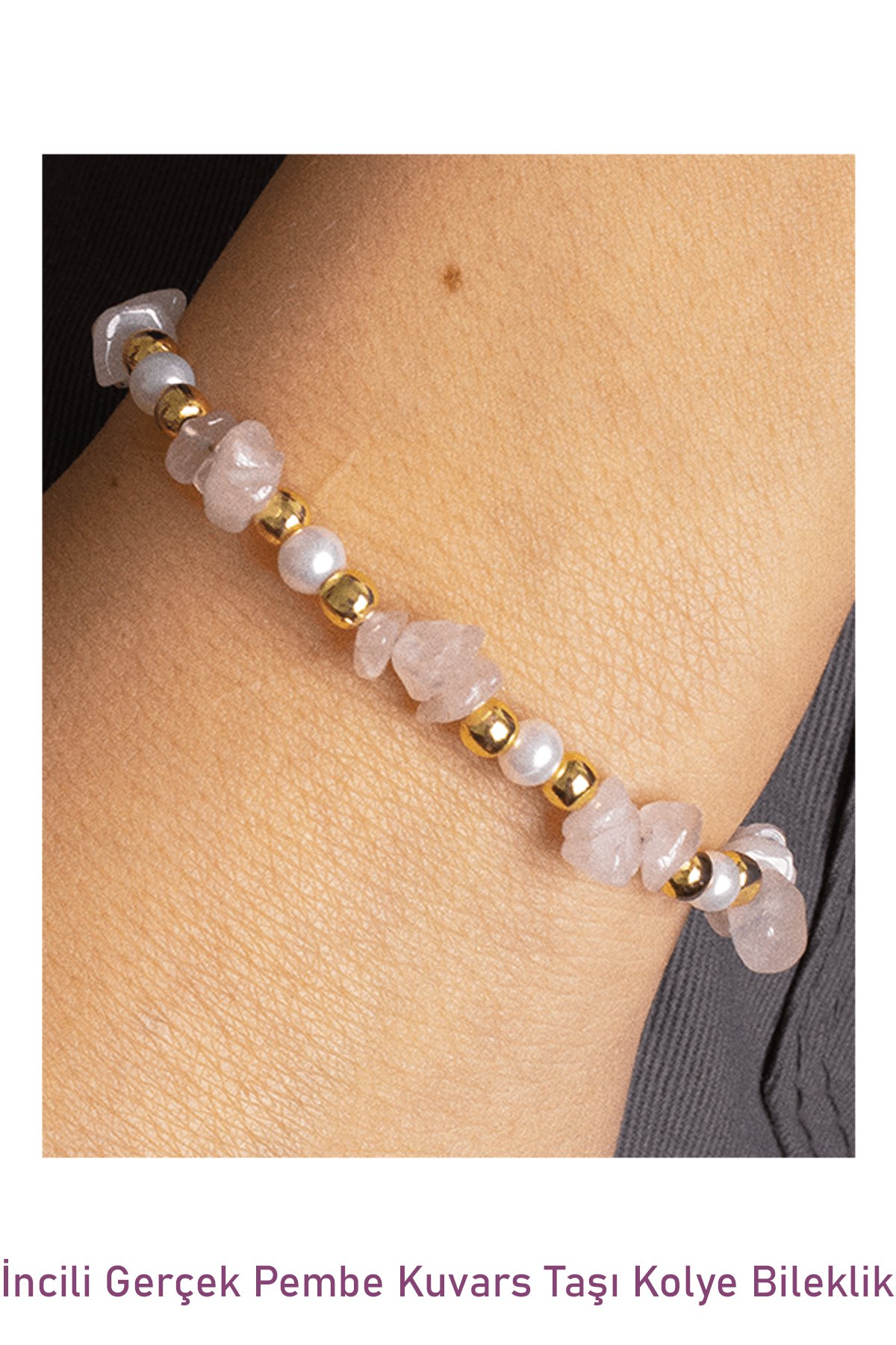 Sertifikalı İncili Pembe Kuvars Taşlı Doğal Taş Kolye Bileklik Seti