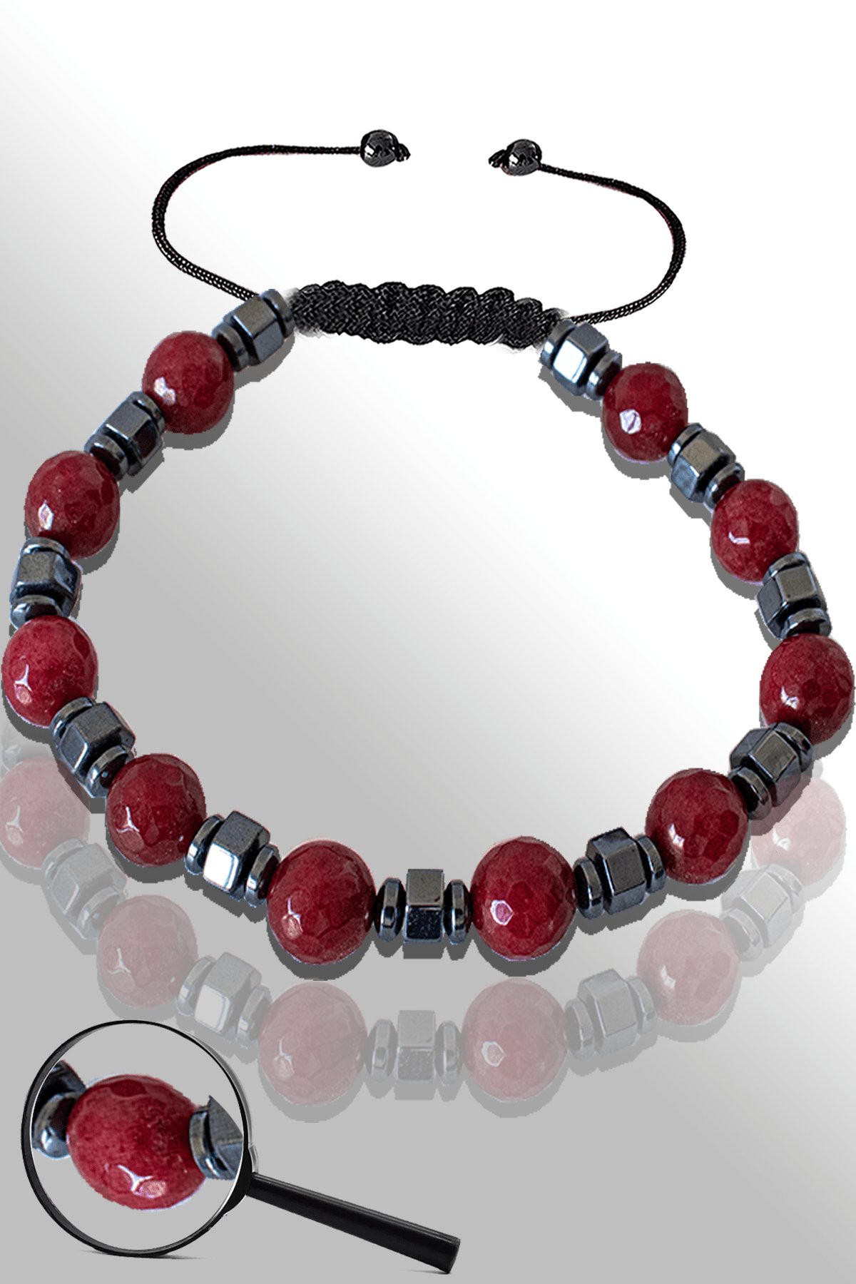 Sertifikalı Hematitli Doğal Fasetli Kırmızı Akik Taşı Bileklik - Ayarlamalı