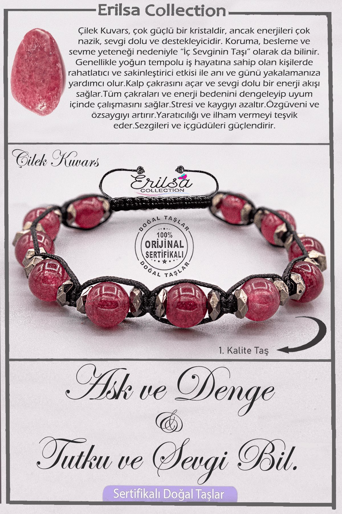 Sertifikalı AAA+ Kalite Doğal Çilek Kuvars Taşı Bileklik - Aşk Denge Tutku Sevgi Bilekliği