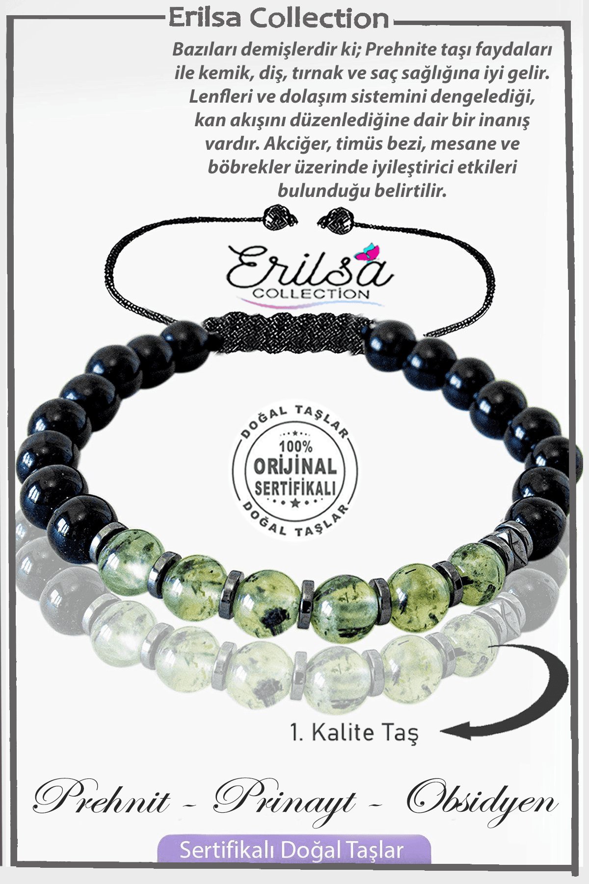 Sertifikalı Gerçek Obsidyen - Prehnit - Prinayt Taşı Bileklik