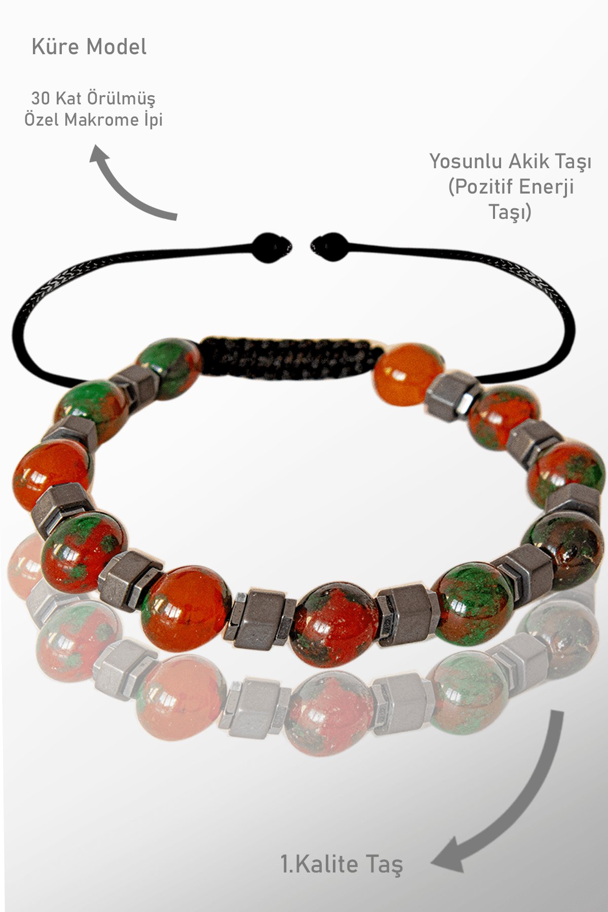 Sertifikalı Gerçek Hematit - Yosunlu Yeşil Kırmızı Akik Taşı Bileklik