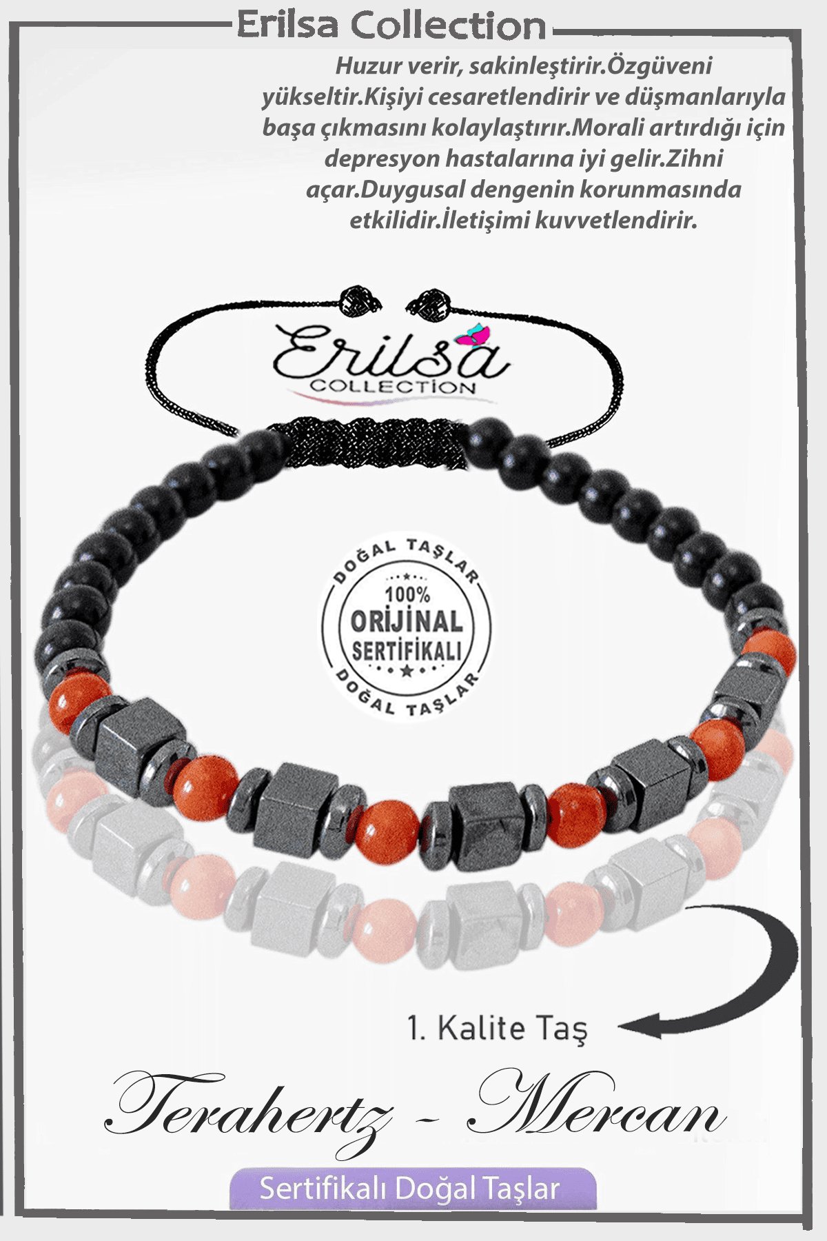 Sertifikalı Gerçek Obsidyen - Terahertz - Kırmızı Mercan Taşı Bileklik