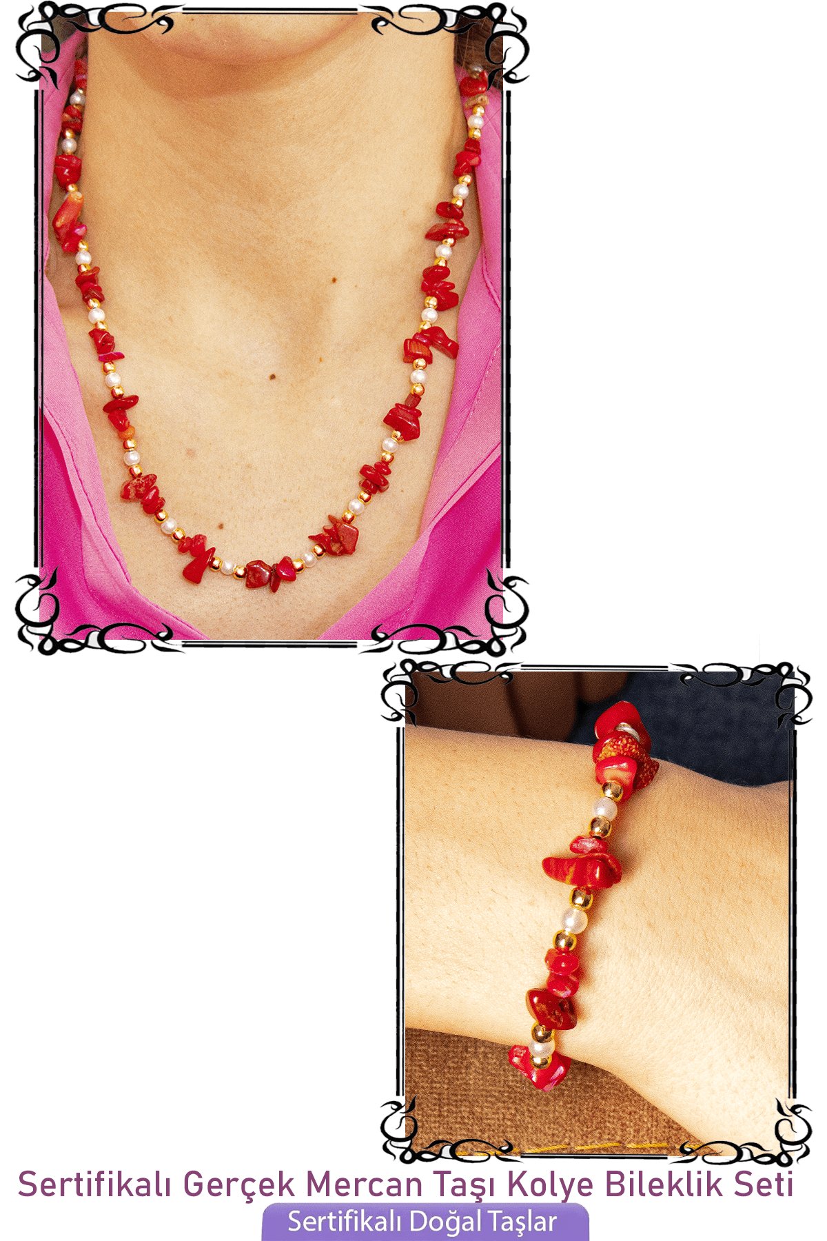 Sertifikalı İncili Kırmızı Mercan Taşlı Doğal Taş Kolye Bileklik Seti