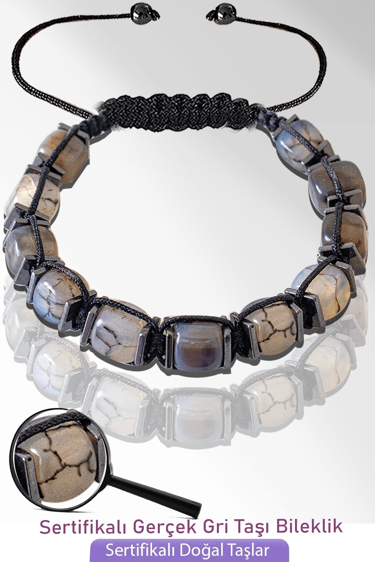 Sertifikalı Küp Model Doğal Gri Çizgili Akik Taşı Bileklik - Ayarlamalı