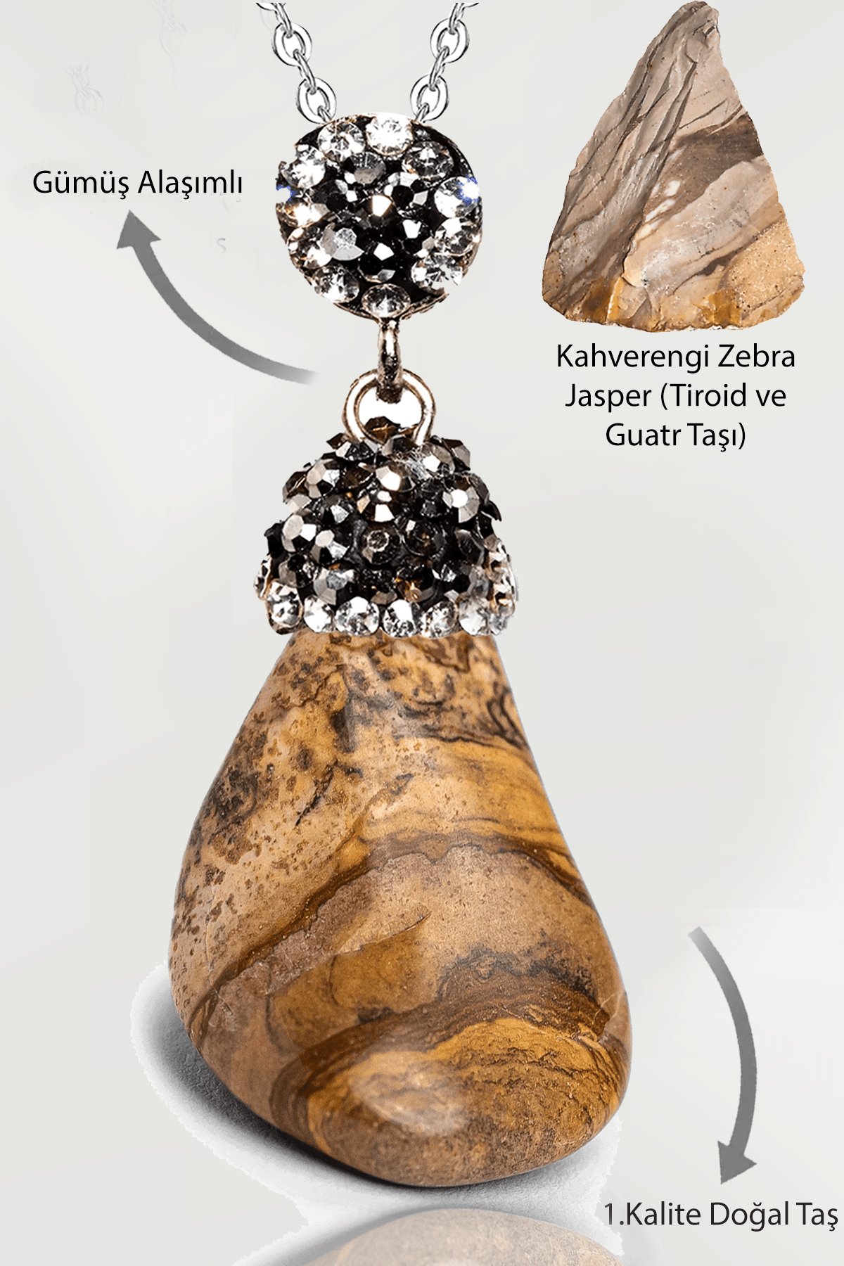 Sertifikalı Zirkon Taşlı Tamburlanmış Kahverengi Zebra Jasper Taşı Kolye