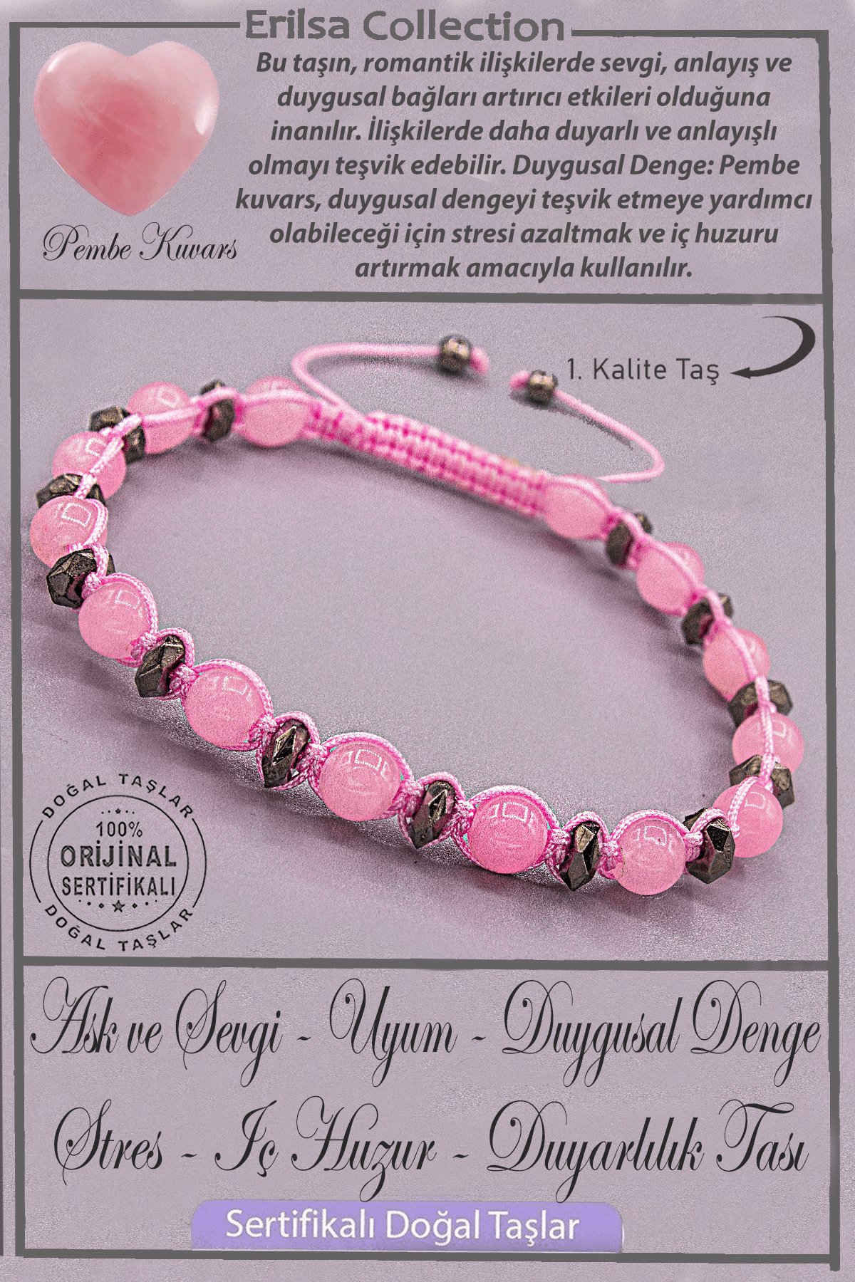 Sertifikalı Gerçek AAA+ Kalite Terahertz - Açık Pembe Kuvars Taşı Bileklik