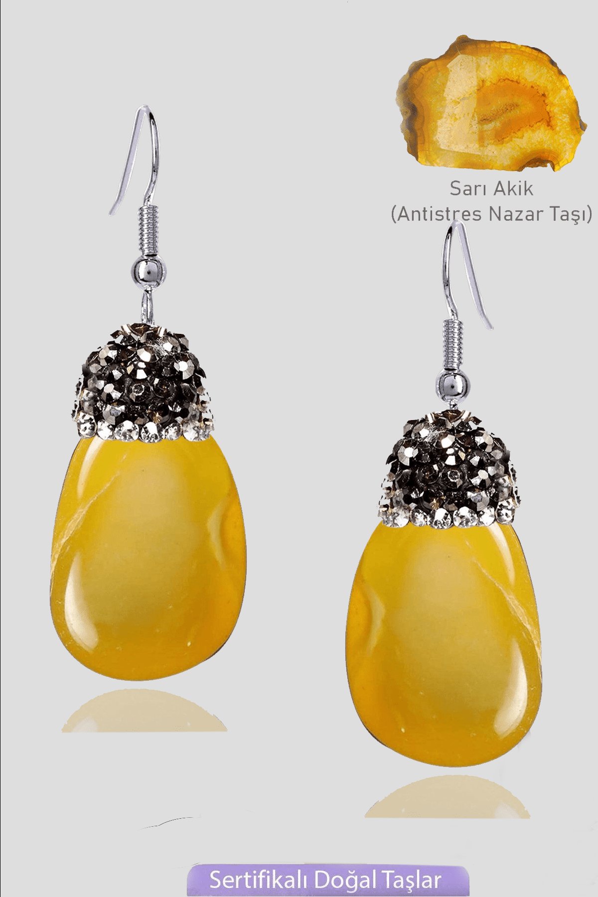 Sertifikalı Zirkon Taşlı Model Ham Sarı Akik Taşı Küpe