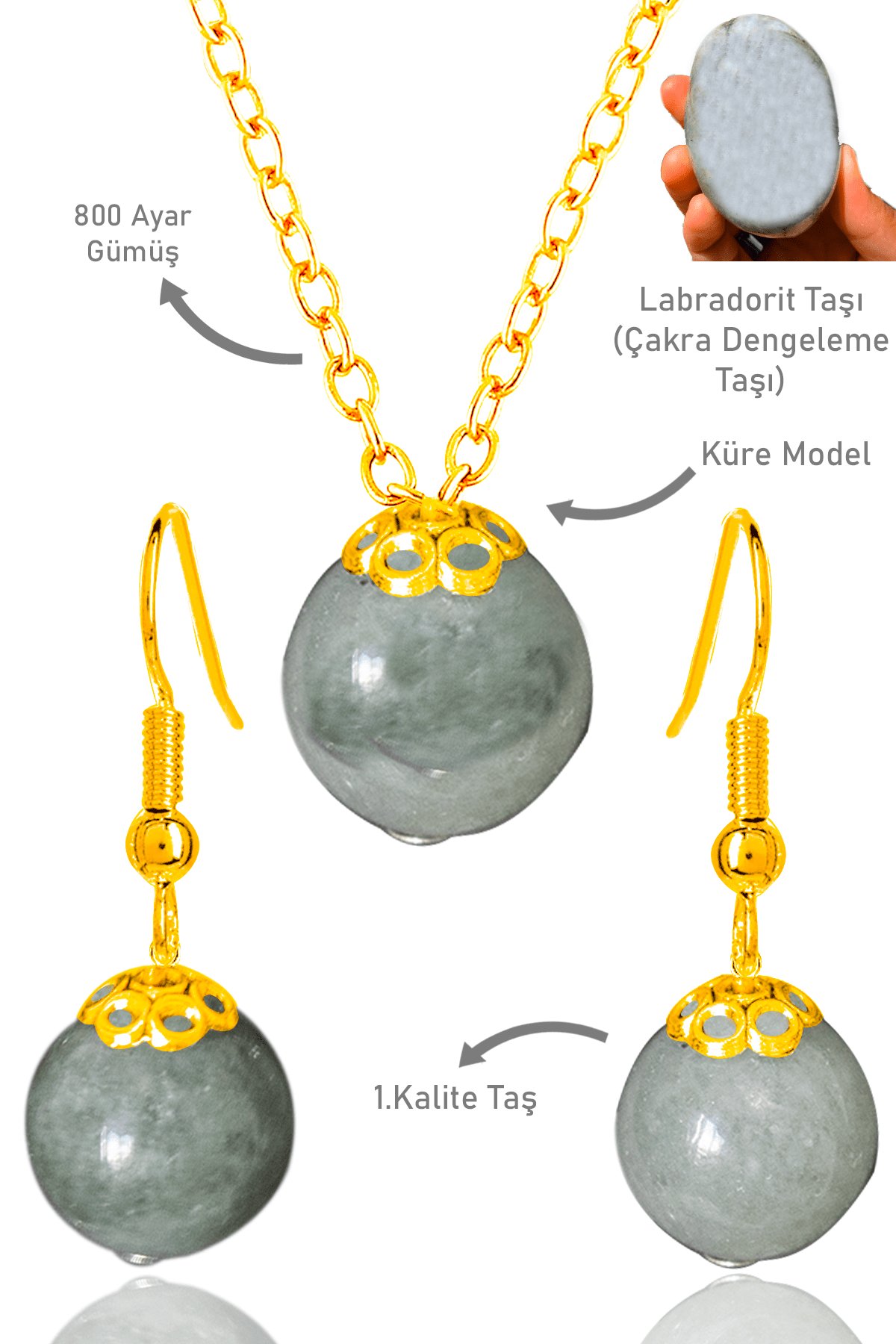 Sertifikalı Gold Küre Model Labradorit Taşı Kolye ve Küpe Seti - Gümüş Aparatlı