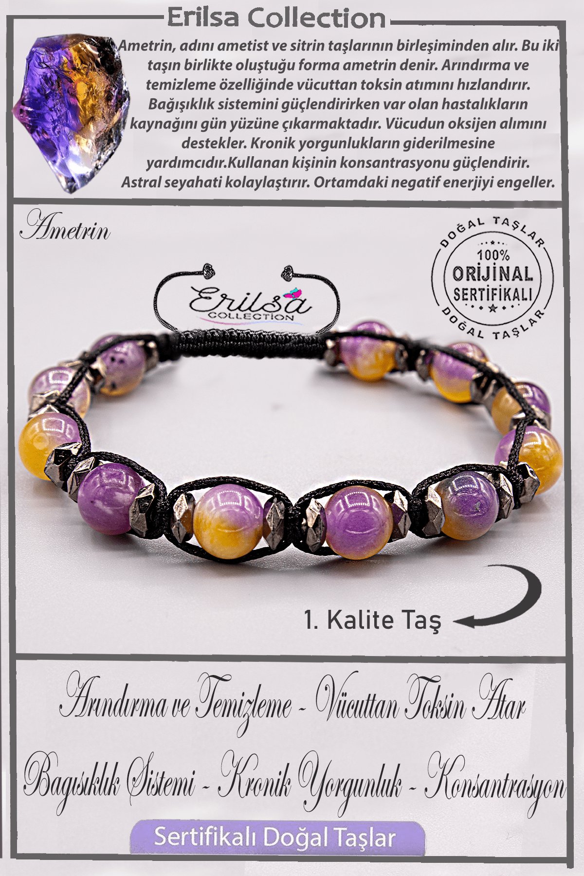 Sertifikalı AAA+ Kalite Gerçek Terahertz - Ametrin Taşı Bileklik - Ayarlamalı