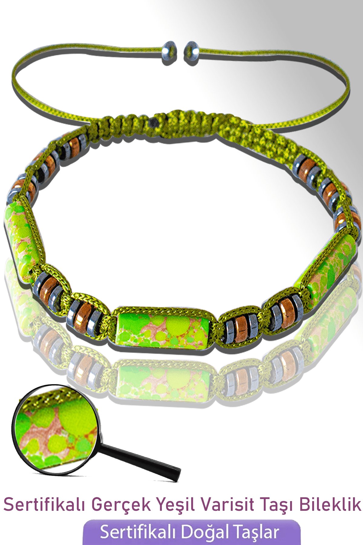 Sertifikalı Gerçek Hematit - Yeşil Varisit Taşı Bileklik - Ayarlamalı
