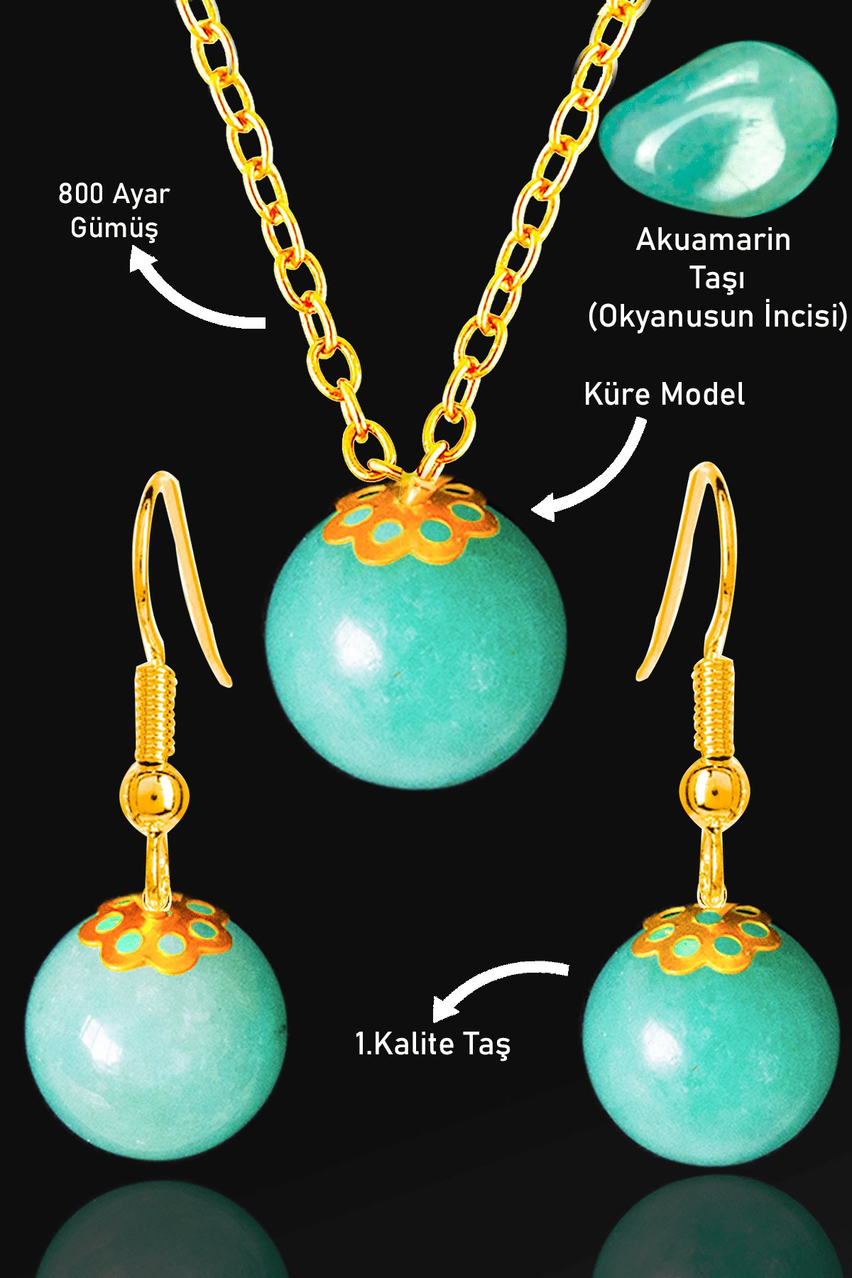 Sertifikalı Gold Küre Model Akuamarin Taşı Kolye ve Küpe Seti - Gümüş Aparatlı