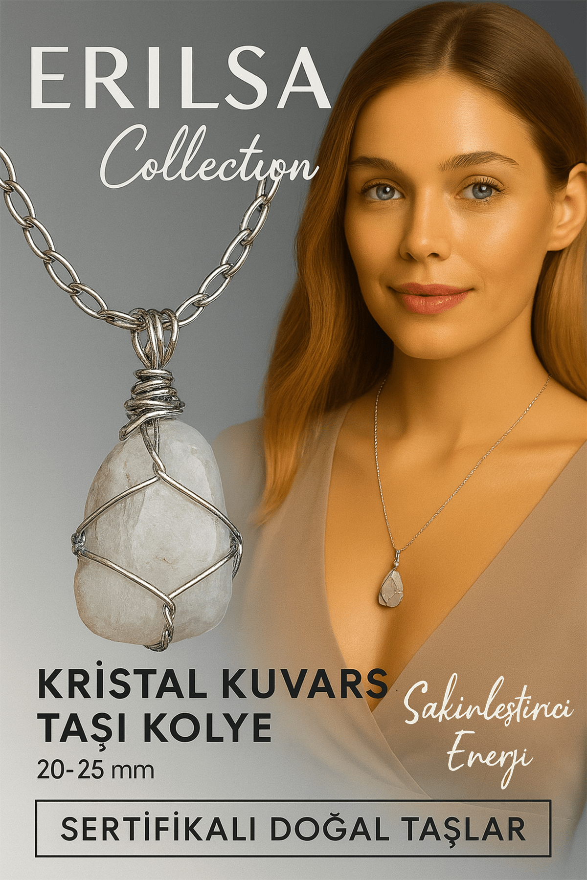 Sertifikalı Gümüş Tel Sargılı Doğal Kristal Kuvars Taşı Kolye – 25-30 mm Arınma ve Denge Taşı