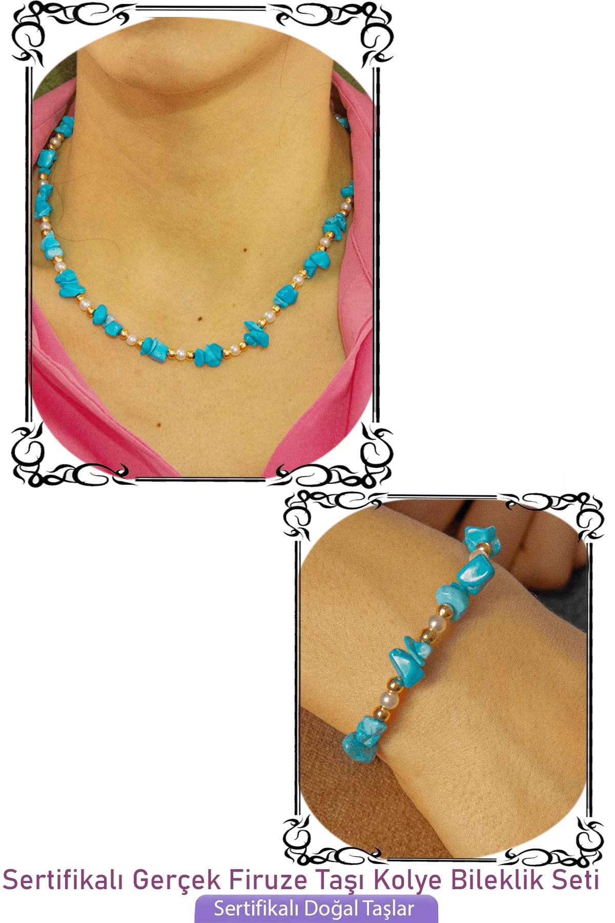Sertifikalı İncili Firuze (Turkuaz) Taşlı Doğal Taş Kolye Bileklik Seti