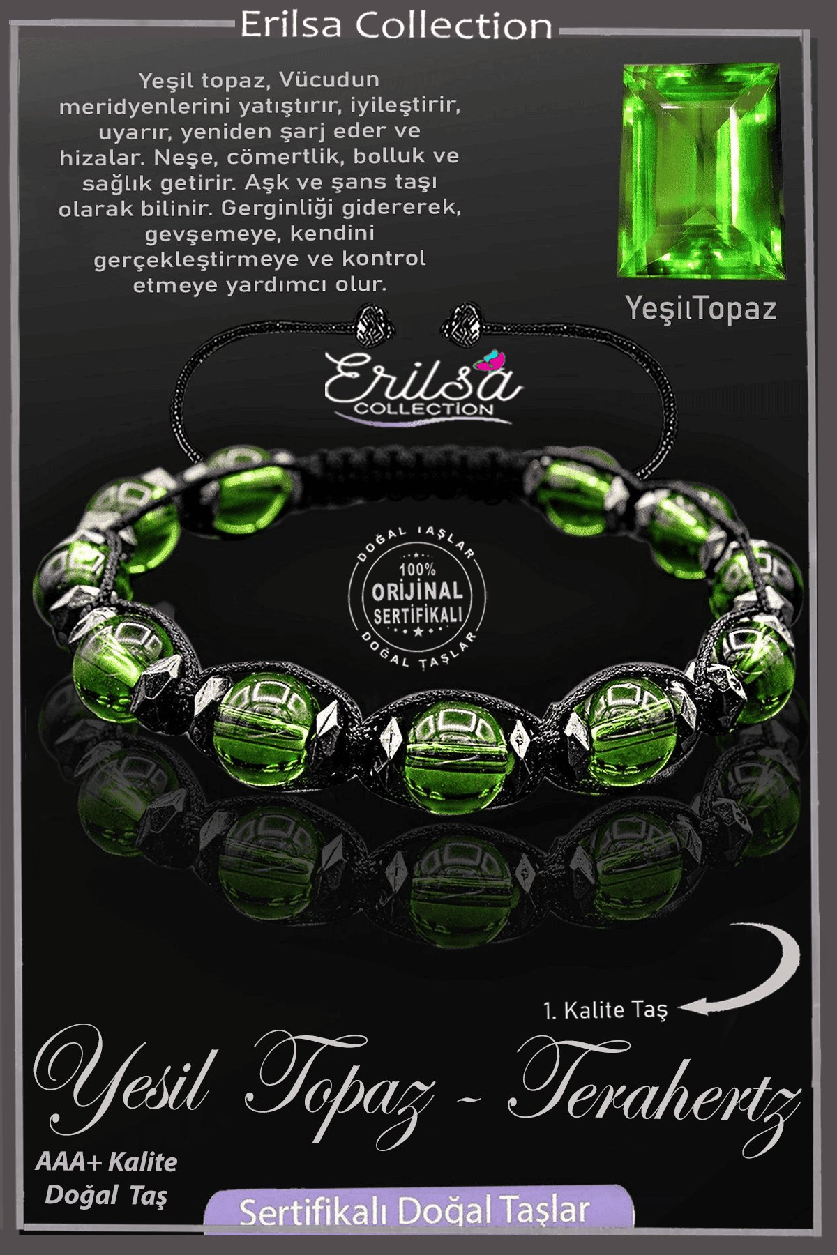 Sertifikalı Terahertz - Yeşil Topaz Taşı Bileklik - Ayarlamalı