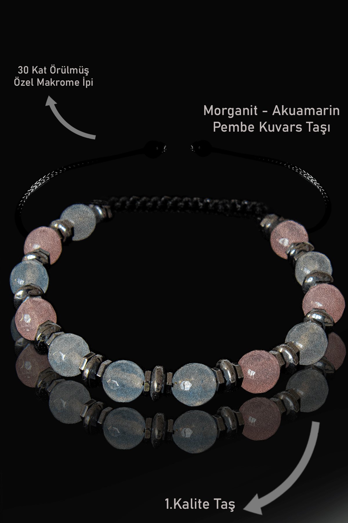 Sertifikalı Gerçek Akuamarin - Pembe Kuvars - Morganit Taşı Bileklik