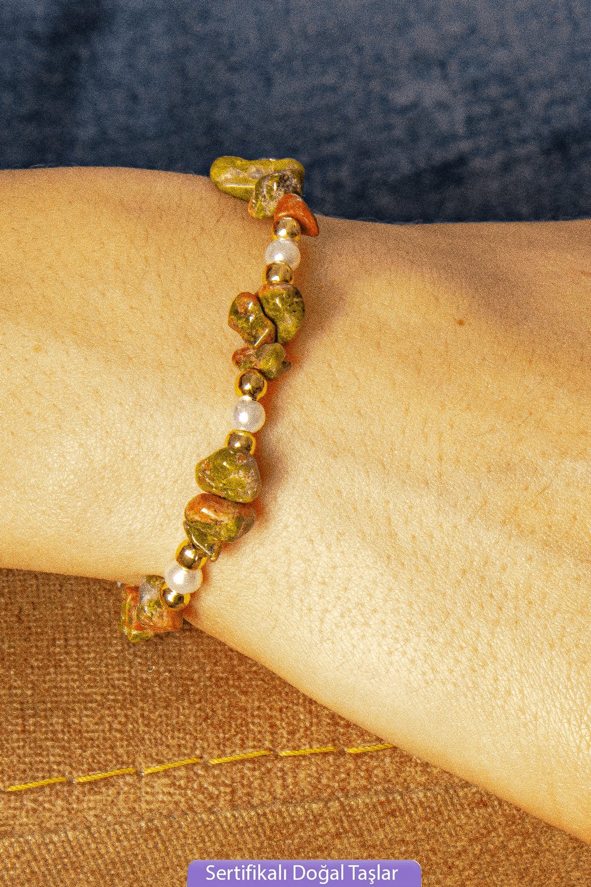 Sertifikalı İncili Unakit Taşlı Doğal Taş Kolye Bileklik Seti