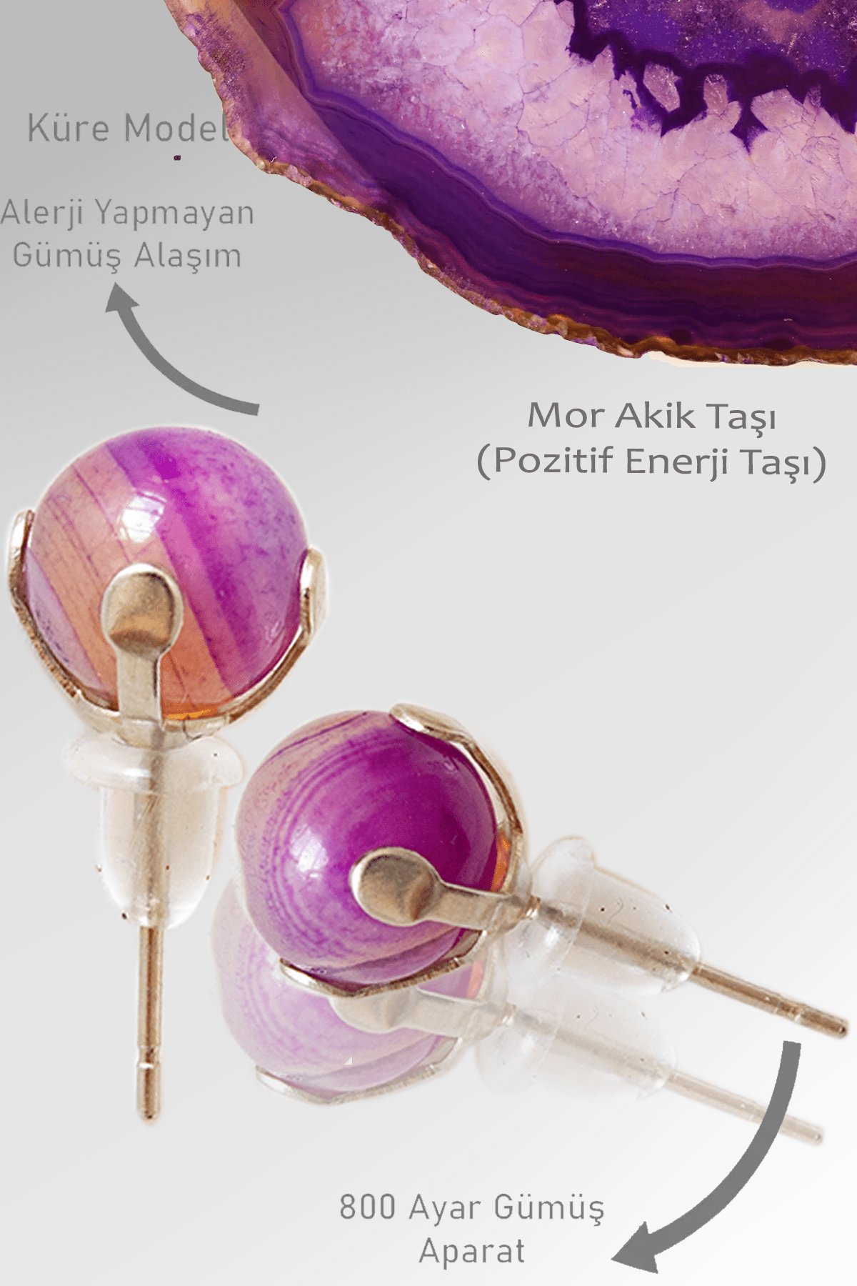 Sertifikalı Gerçek Şeffaf - Mor Akik Taşı Nokta Doğal Taş Küpe