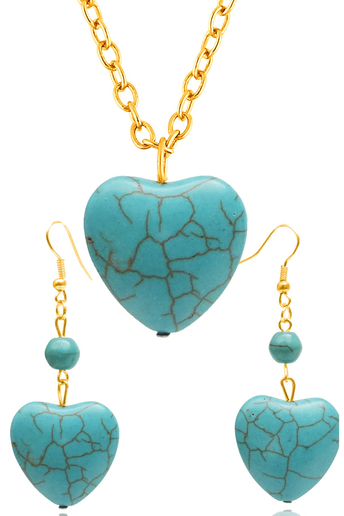 Sertifikalı Gold Kalp Model Firuze Taşı Kolye ve Küpe Seti (Turkuaz Taşı)