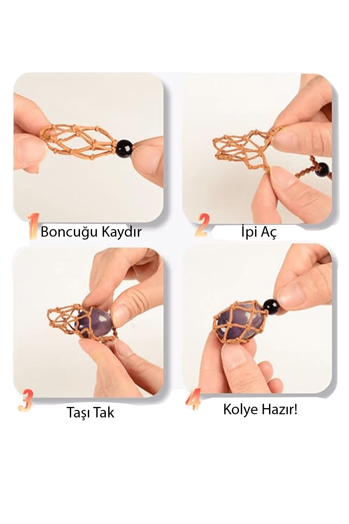 Sertifikalı Şifa Seti Makrome Örgülü 7 Çakra Doğal Taş Kolye Ayarlanabilir - Siyah