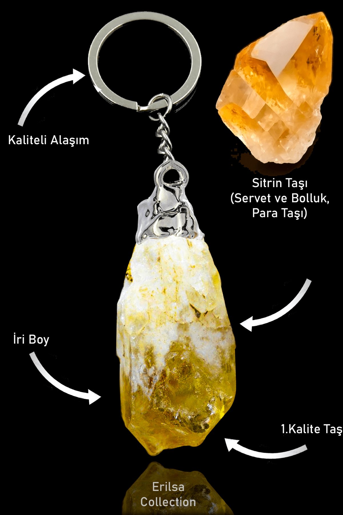 Sertifikalı Ham İşlenmemiş Sitrin Taşı Anahtarlık - Gümüş Alaşımlı