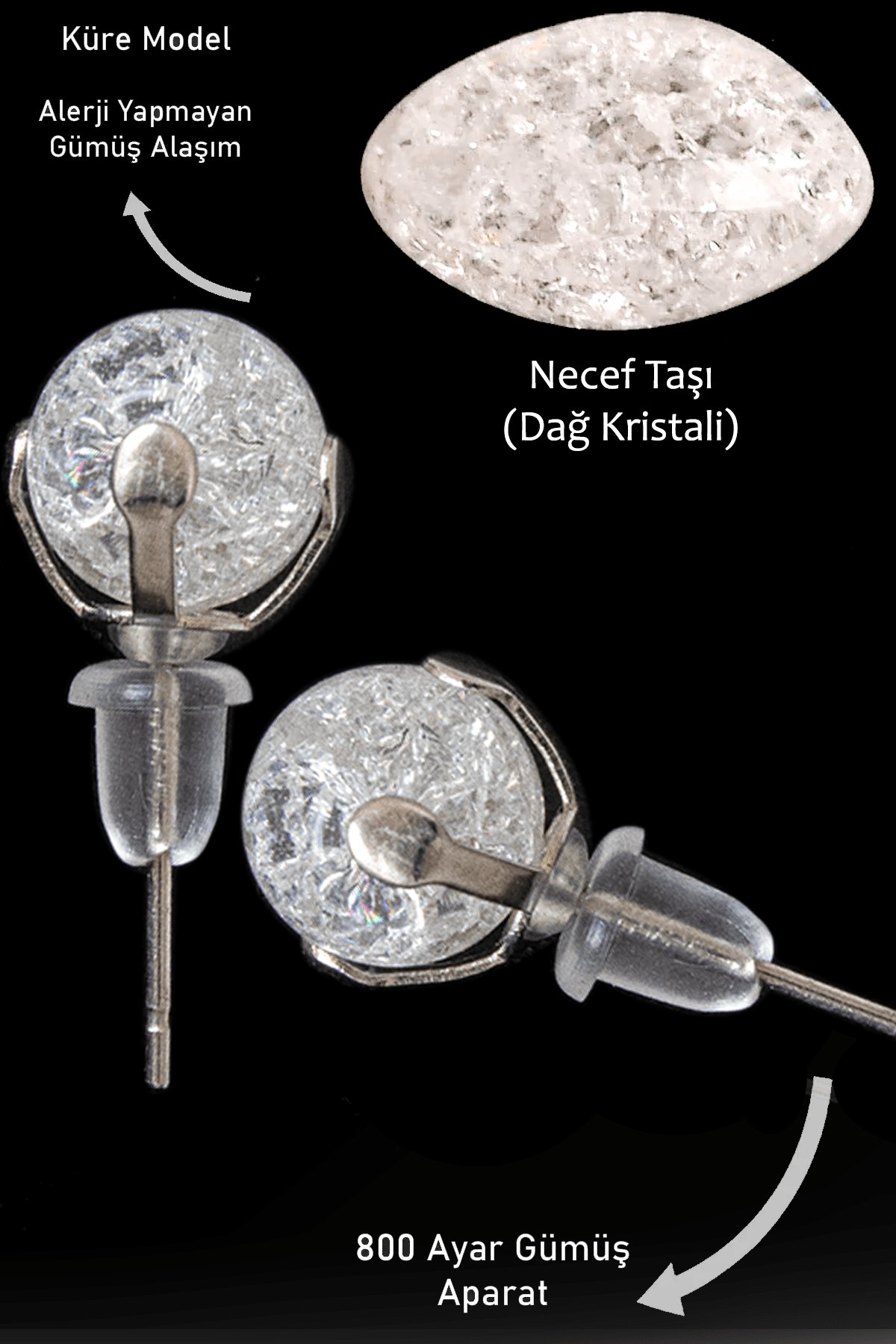 Sertifikalı Gerçek Necef Taşı Nokta Doğal Taş Küpe - Dağ Kristali