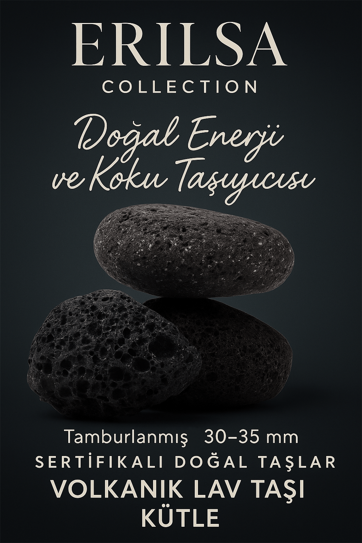 Sertifikalı Doğal Volkanik Lav Taşı Kütle – Tamburlanmış 30-35 mm Enerji ve Koku Taşı