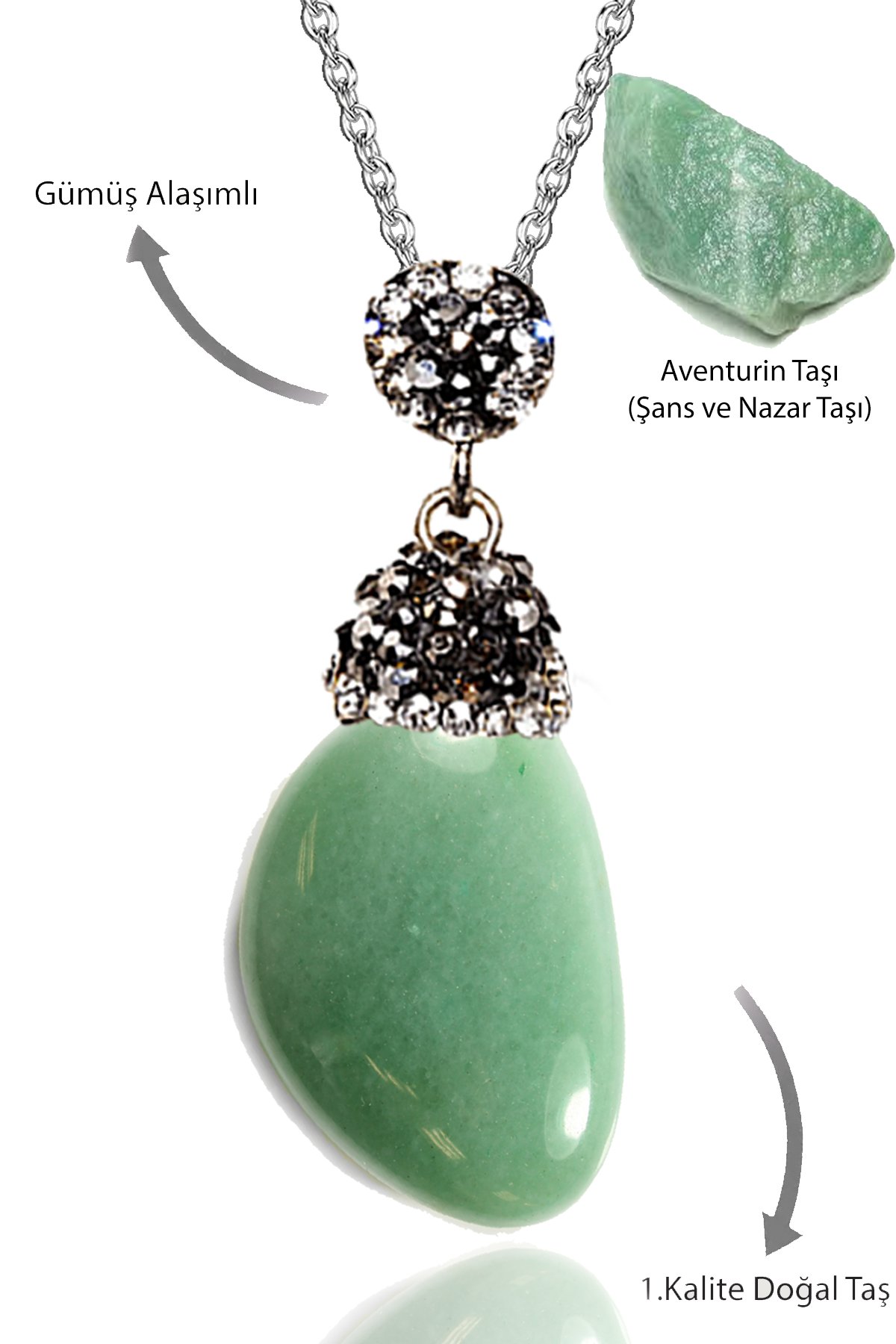 Sertifikalı Zirkon Taşlı Tamburlanmış Aventurin Taşı Kolye