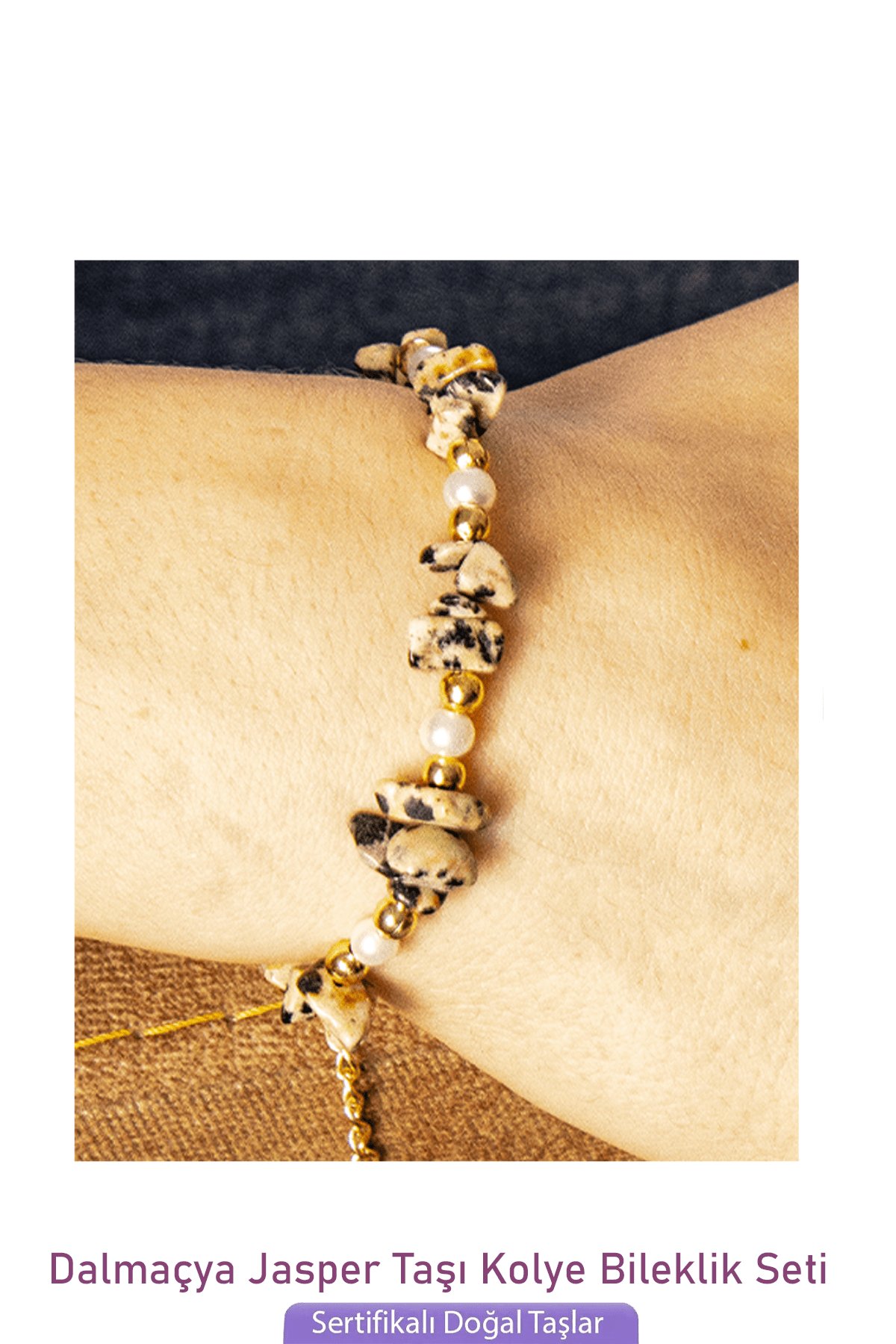 Sertifikalı İncili Dalmaçya Jasper Taşlı Doğal Taş Kolye Bileklik Seti