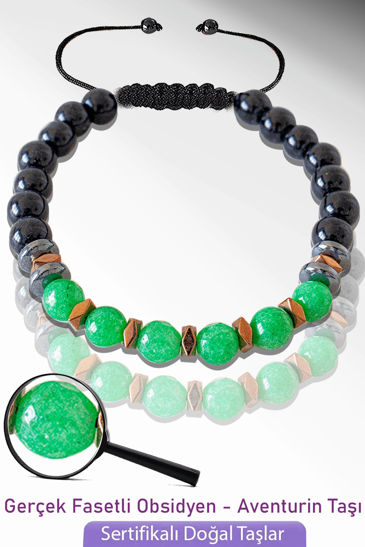 Sertifikalı Doğal Obsidyen - Aventurin Taşı Bileklik - Ayarlamalı