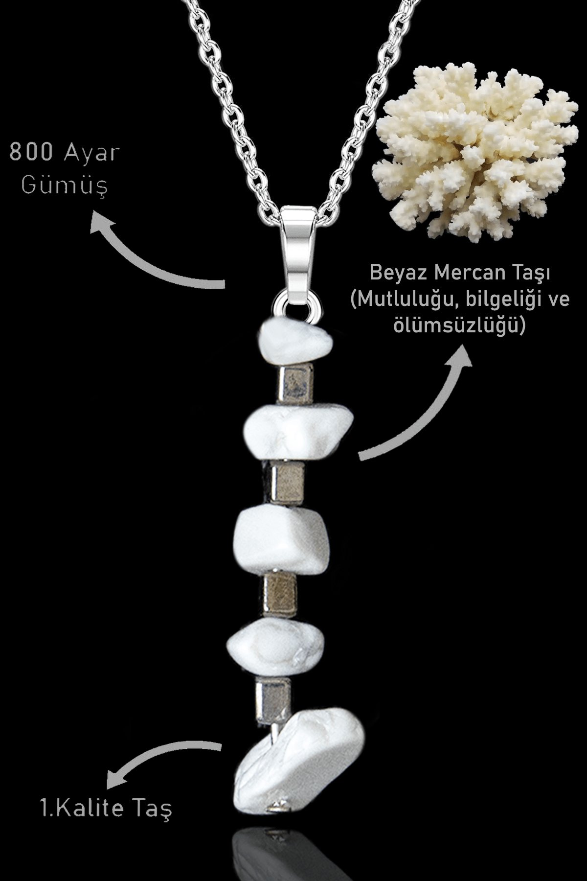 Sertifikalı Kırık Taşlı Model Beyaz Mercan Taşı Kolye