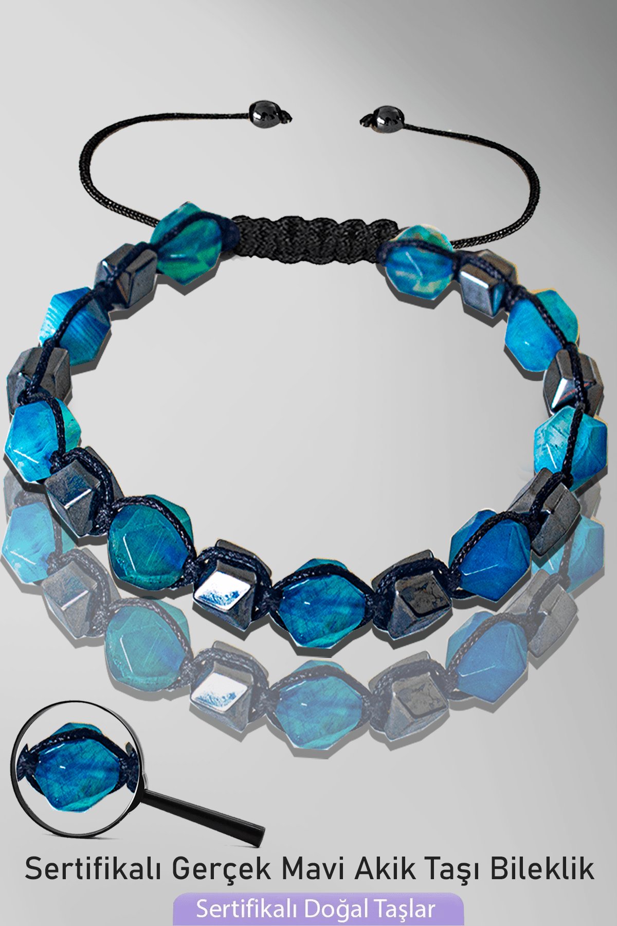 Sertifikalı AAA+ Elmas Kesim Terahertz - Mavi Akik Taşı Bileklik - Ayarlamalı
