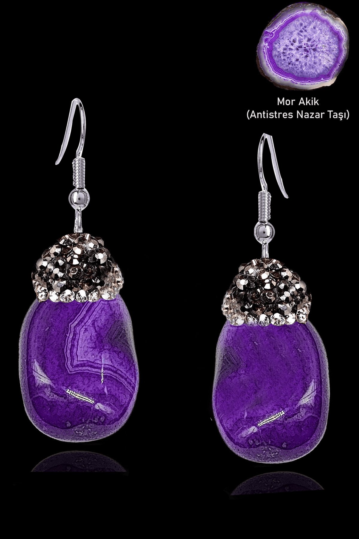 Sertifikalı Zirkon Taşlı Model Ham Mor Akik Taşı Küpe