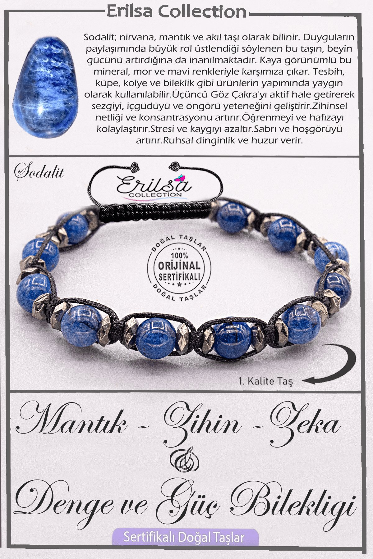 Sertifikalı AAA+ Kalite Doğal Sodalit Taşı Mantık Zeka Zihin Denge Güç Bilekliği